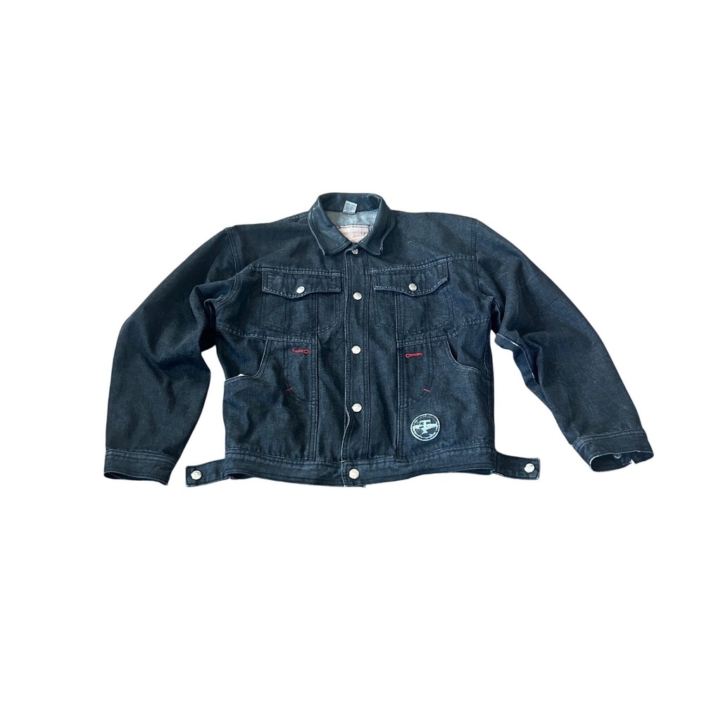 Vintage Black Denim Trucker Jacket Leather Collar Mixed Media Biker